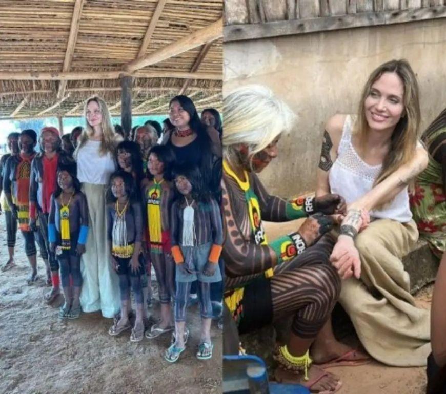 Angelina Jolie encontra cacique Raoni em aldeia indígena em São José do Xingu (MT)