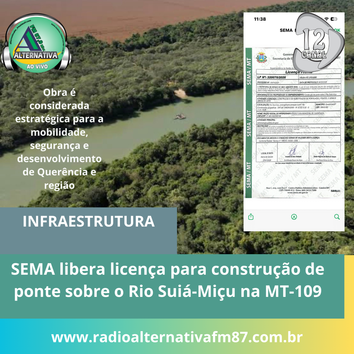 SEMA libera licença para construção de ponte sobre o Rio Suiá-Miçu na MT-109