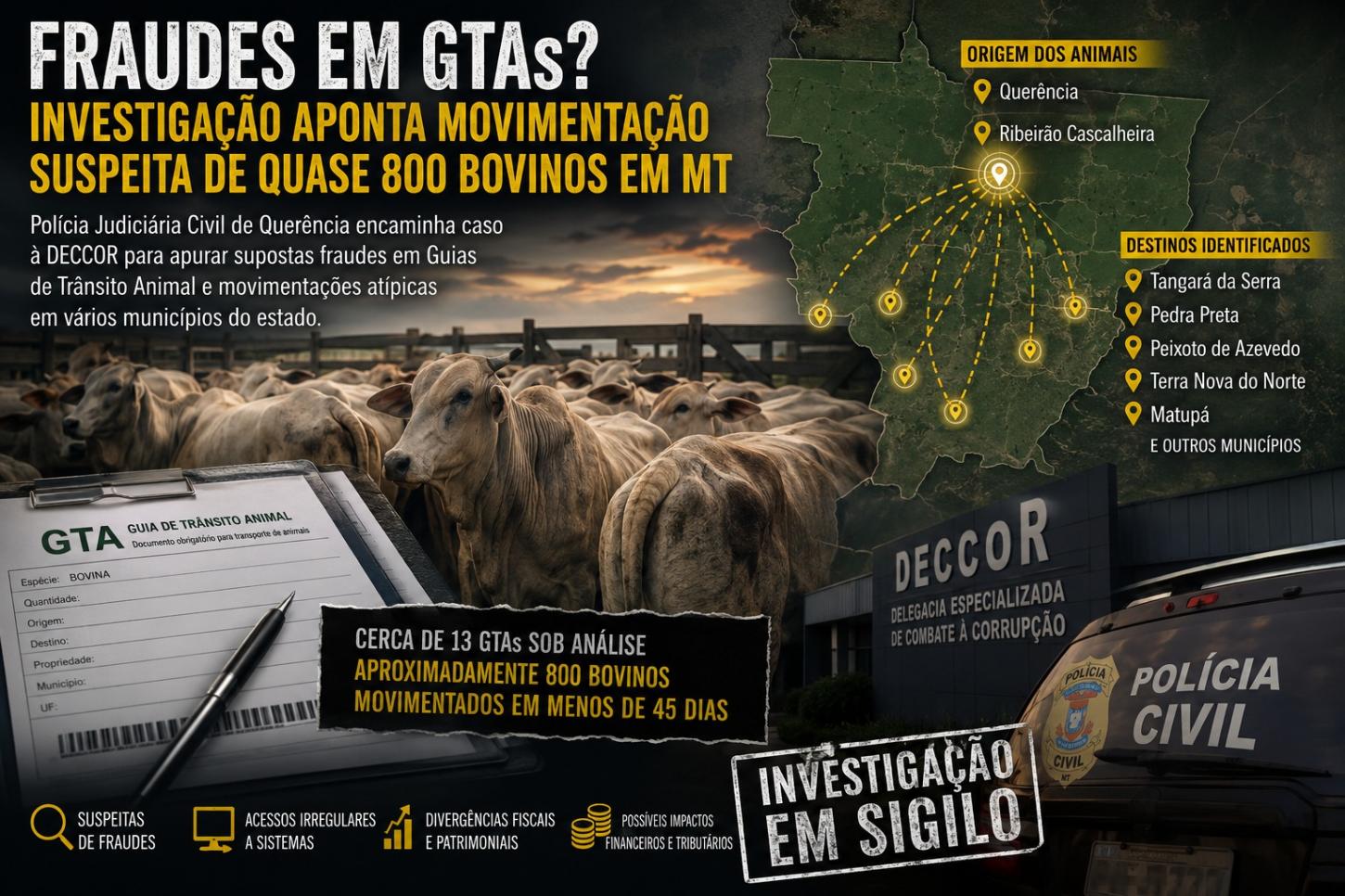 Fraudes em documentos de transporte animal colocam sob suspeita a movimentação de quase 800 cabeças de gado em Mato Grosso