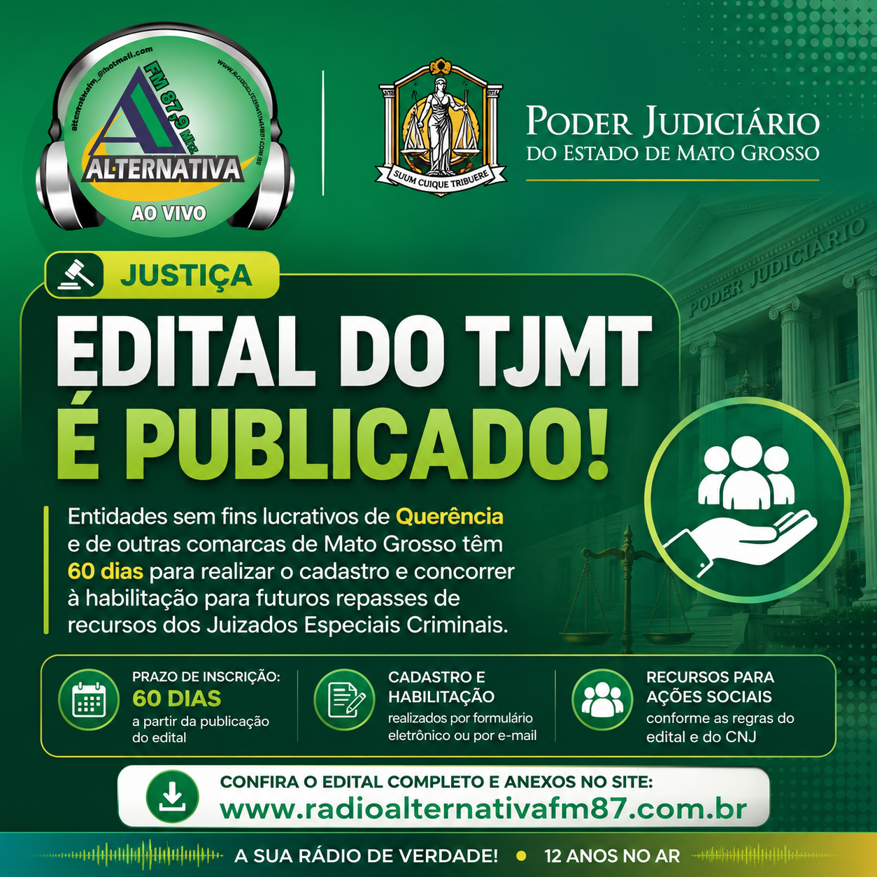 TJMT abre cadastro para entidades sociais interessadas em receber recursos de prestações pecuniárias