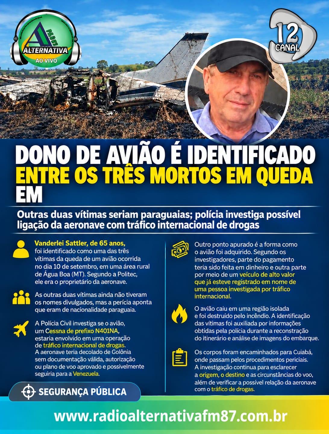DONO DE AVIÃO É IDENTIFICADO ENTRE OS TRÊS MORTOS EM QUEDA EM ÁGUA BOA