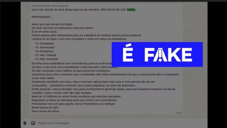 É #FAKE que voto para presidente não vale se eleitor votar em branco ou nulo para governador, senadores e deputados