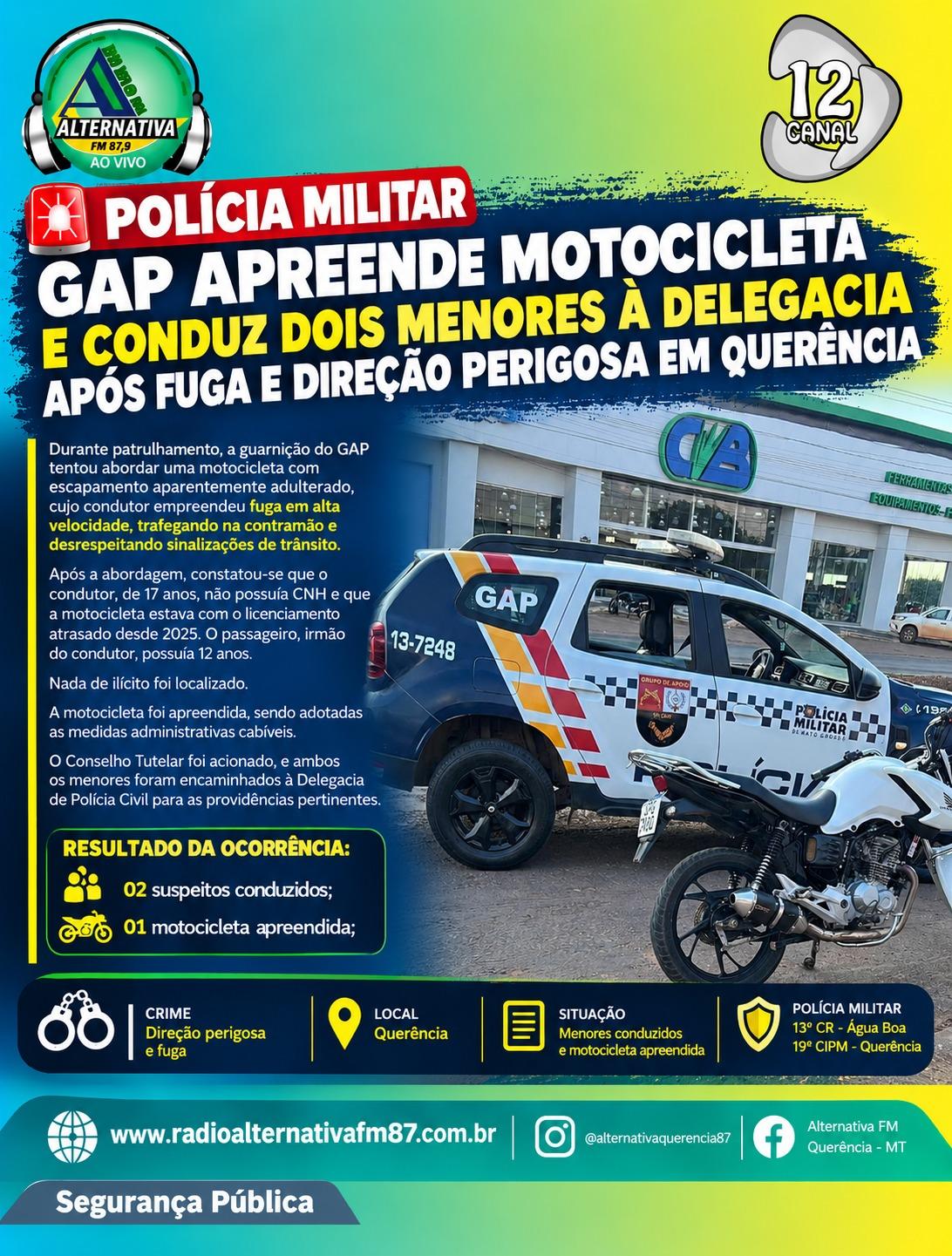 GAP APREENDE MOTOCICLETA E CONDUZ DOIS MENORES À DELEGACIA EM QUERÊNCIA