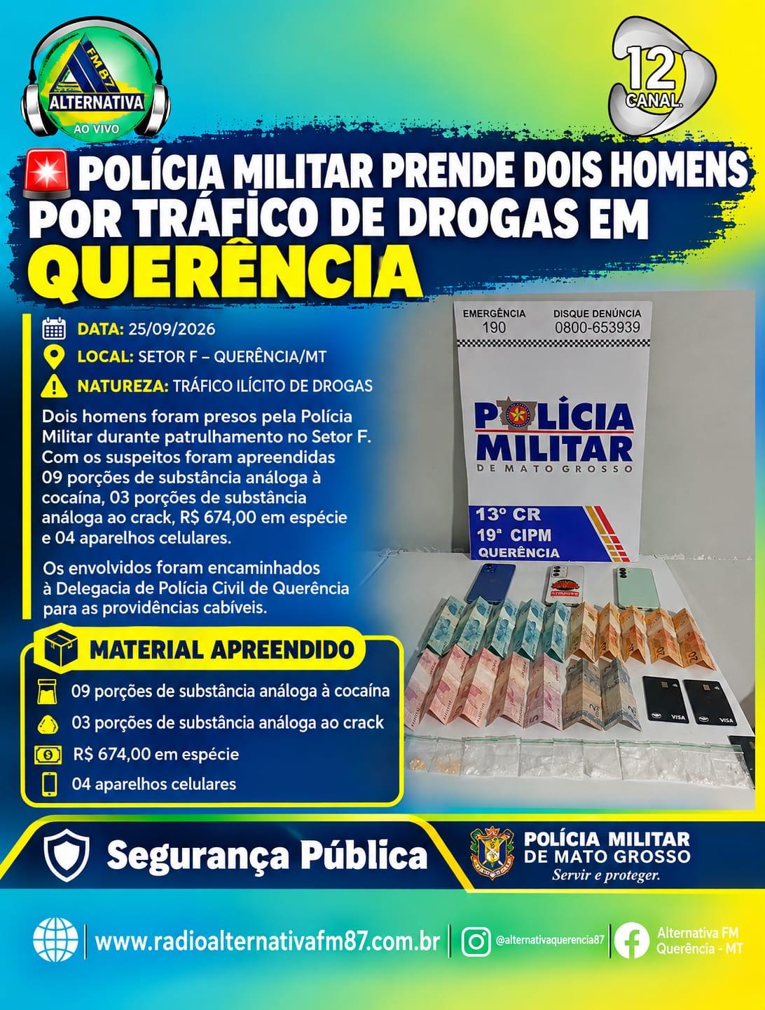 POLÍCIA MILITAR PRENDE DOIS HOMENS POR TRÁFICO DE DROGAS EM QUERÊNCIA
